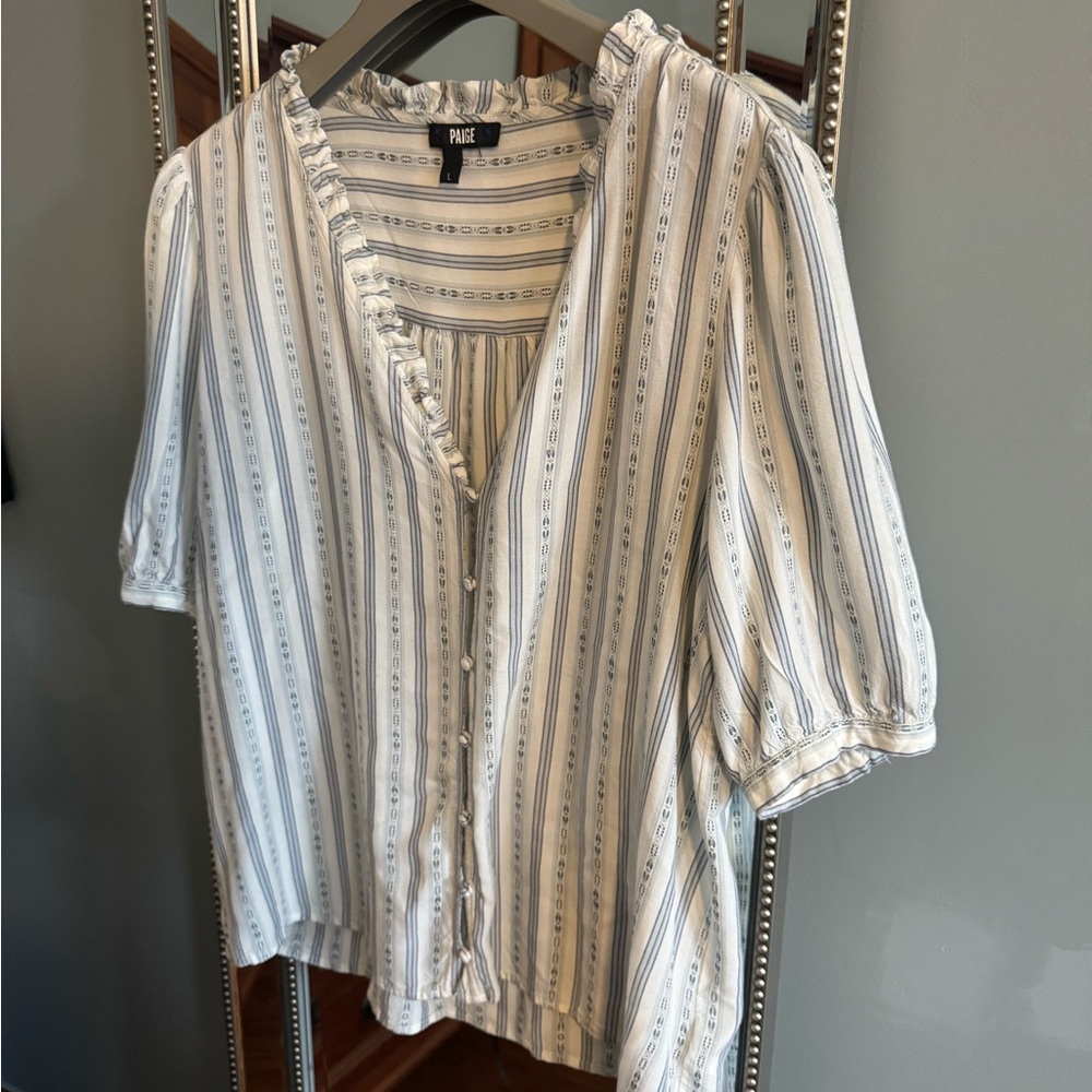 PAIGE White and Light Blue Striped Button-Front Blouse - Picture 2 of 9